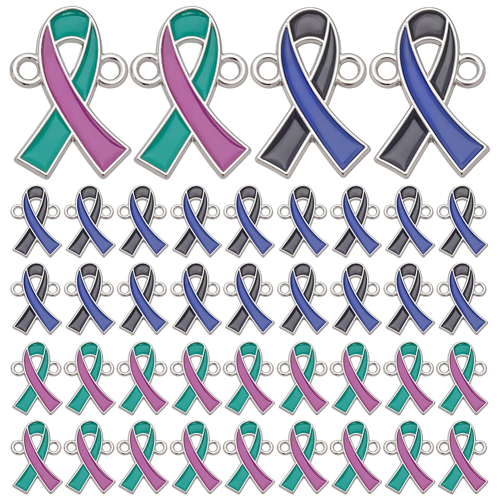 40Pcs Awareness Ribbon Charms Links Alloy Enamel Ribbon Shape Connector Charms Bulk Metal Cancer Awareness Pendants Jewelry
