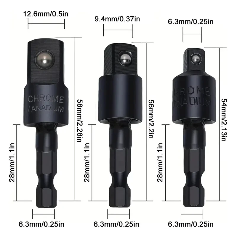 3pcs 360°electric Drill Air Screwdriver Sleeve Universal Adapter Hexagonal Handle to Square Head Rotary Adapter Connect Rod Tool