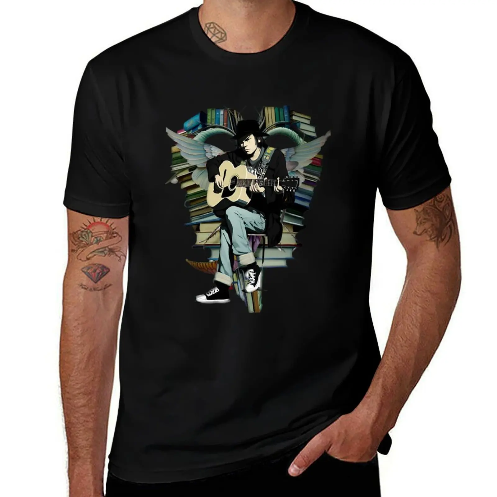 Neil Young with books and wings Sticker T-Shirt Work Outdoor for Men T-Shirt