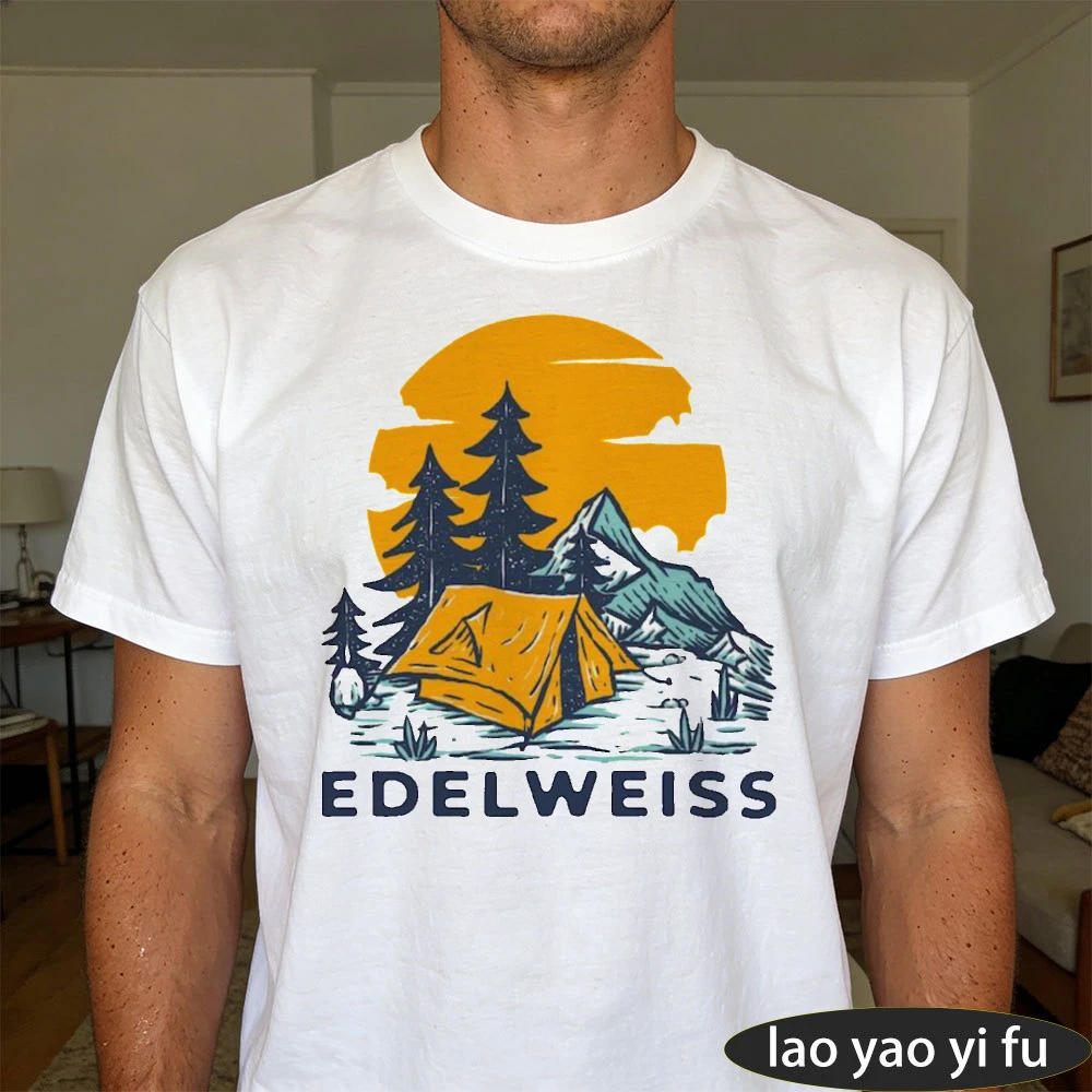 Edelweiss Camping Tent Graphic T Shirt Men Tee Alpine Outdoor Print Top Summer Mountain Vacation Casual Wear T Shirt