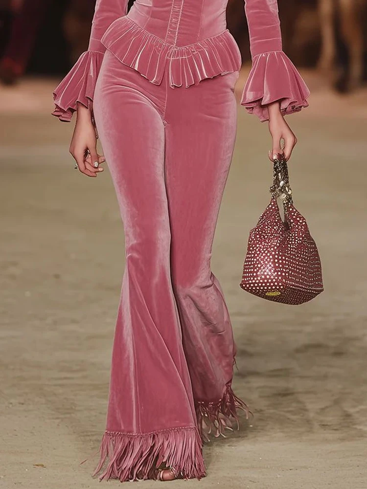 Women Elegant Ruffles Patchwork Chic Two-Piece Set O-Neck Long Flare Sleeve Pullover Top with Flare Pants Autumn Winter Outfit