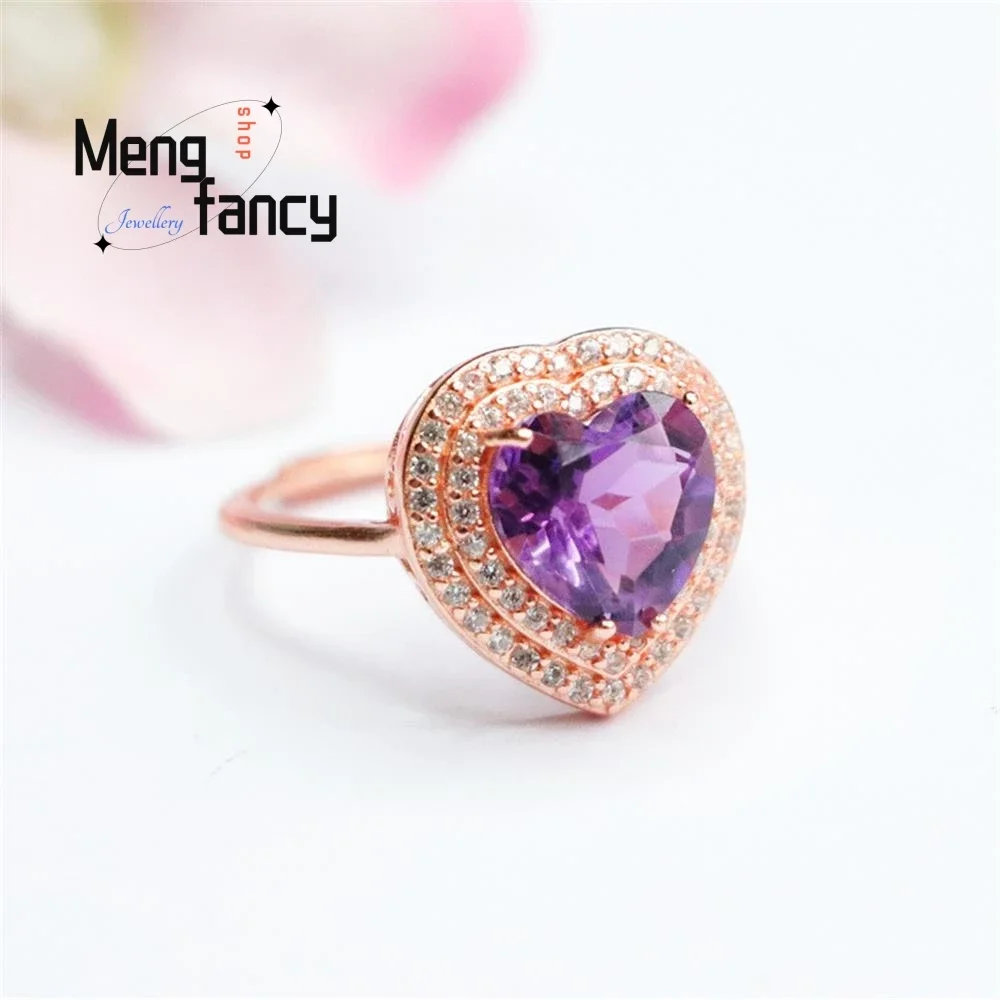 S925 Silver Natural Amethyst ring Love Cordate Open Ring Exquisite Elegant Simple High-grade Couple Luxury Fashion Fine Jewelry