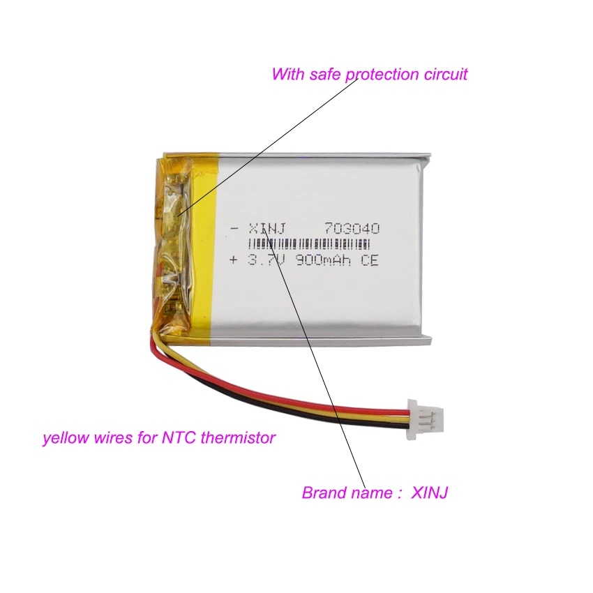 La batterie aste de Lipo de lithium de 3.7V 900mAh 3.33Wh Li JST-SH la thermistance du connecteur NTC de 3pin 1mm 3 fils 703040 pour la caméra de GPS