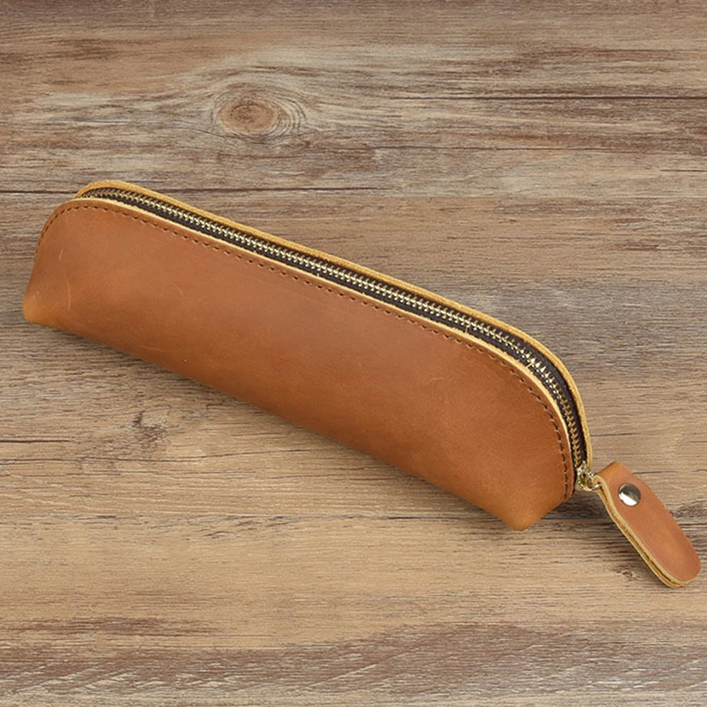 Saco De Lápis De Couro Genuíno Artesanal, Suporte De Papelaria Retro Simples, Pen Case, Saco De Armazenamento, Zipper Pencil Pouch, Óculos Caso