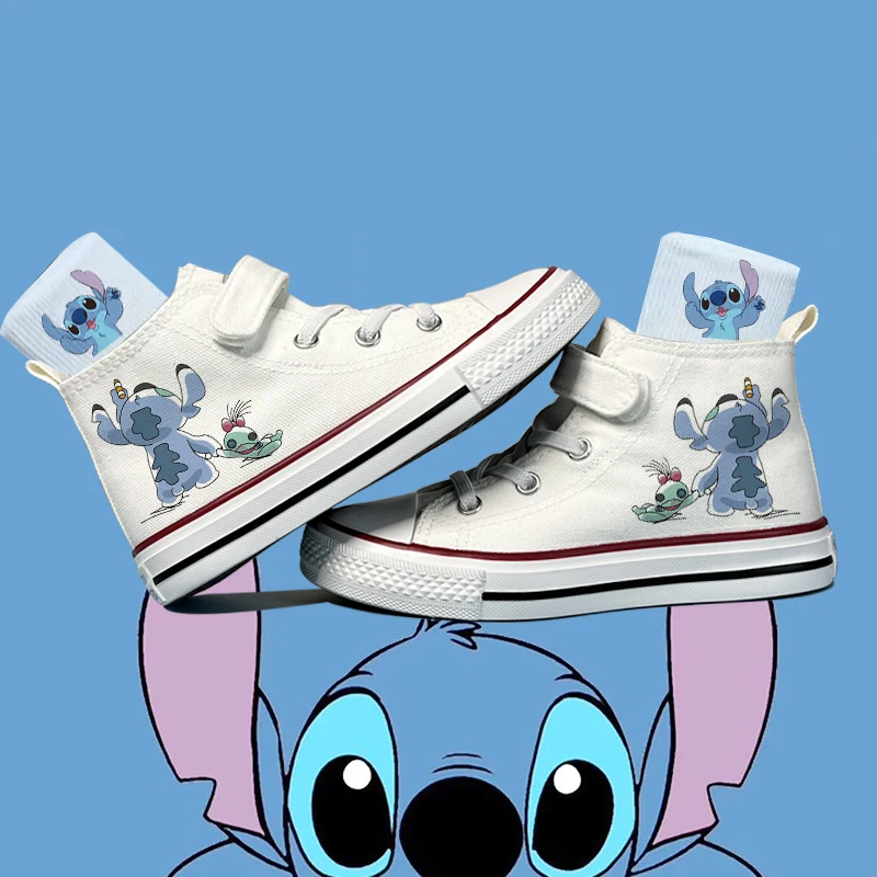 Yeni Disney beyaz yüksek üst çocuk ayakkabı Lilo ve dikiş çocuklar kanvas ayakkabılar karikatür Sneakers kız erkek rahat tenis gönderme çorap