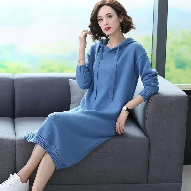 Hooded Knitted Dress Hoodie New Loose Fashion Long Style Over Knee Outer Woolen Dress Women's Trendy