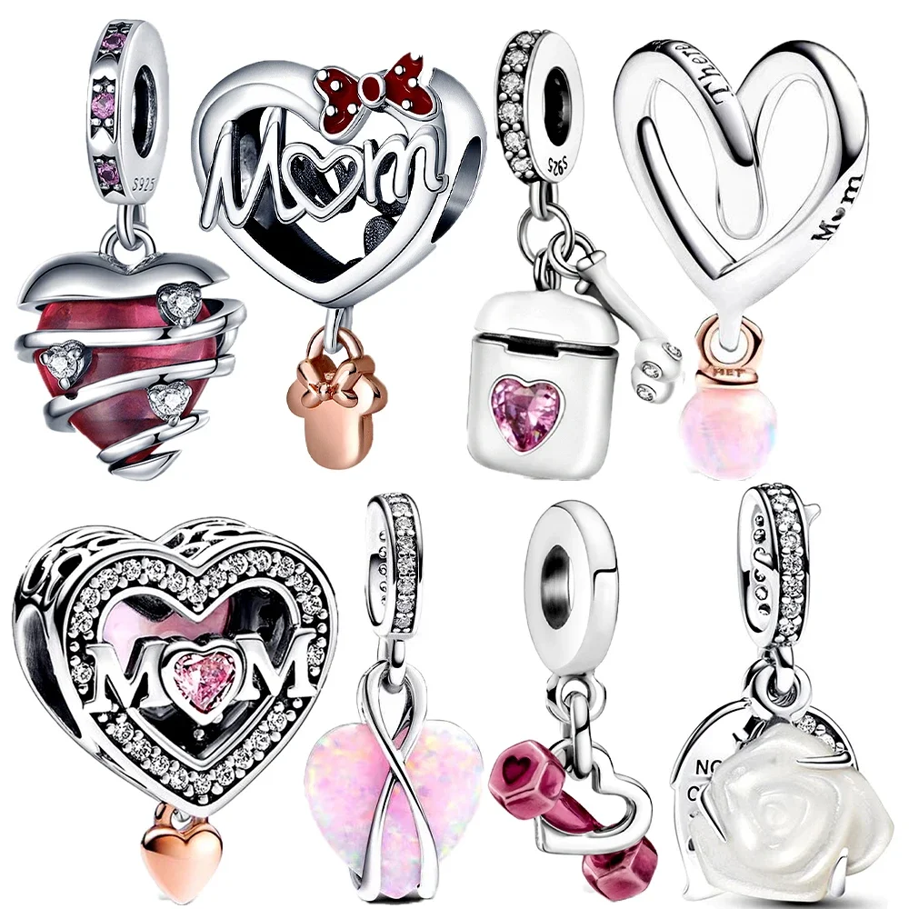 Original 925 Silver Charms Zircon Heart Rose Pink Flower Charm Fits Pandora Charms Bracelet 2024 Mother’s Day Jewelry Gifts