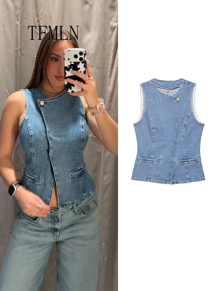 Vintage Damen Jeanswesten & -mäntel – Modische ärmellose O-Neck-Westen mit Einreiher für den Sommer 2026 – Elegante, schmale Streetwear-Oberbekleidung
