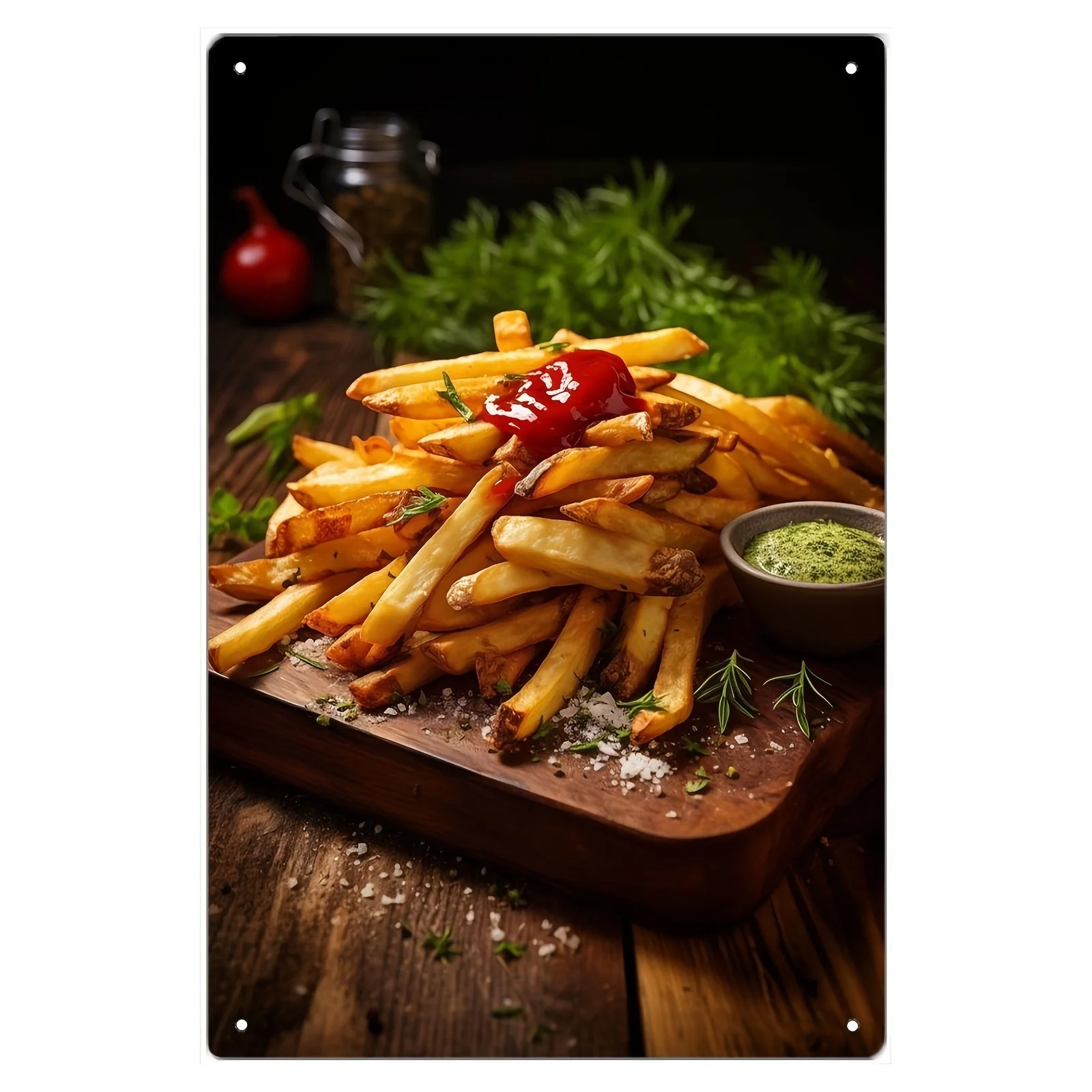 Arte de pared de metal con patatas fritas retro, letrero de hierro con temática alimentaria vintage con diseño de patatas fritas crujientes, ketchup y perejil, cocina rústica