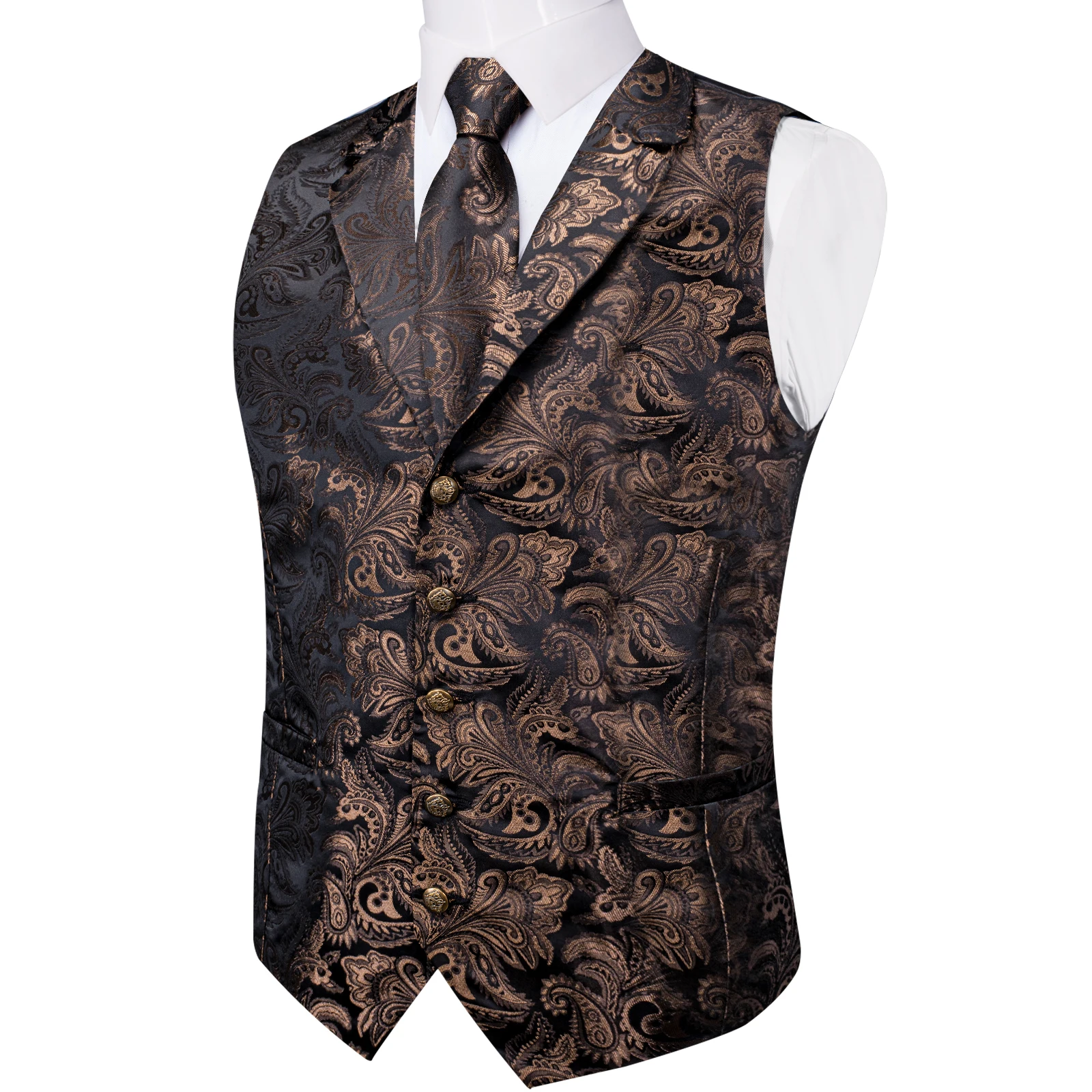 Newest Turn Down Men's Vest with Necktie Bowtie Pocket Square Cufflinks Sets Brown Waistcoat for Man Party Perform Team Wedding