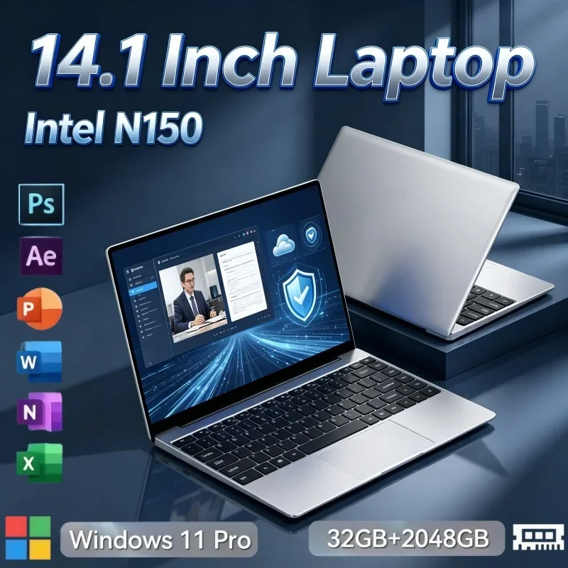 14.1 Inch Ultra Light Slim Laptop Intel N150 32GB RAM 2TB SSD Windows 11 PC For Home Office Online Meeting Light Gaming