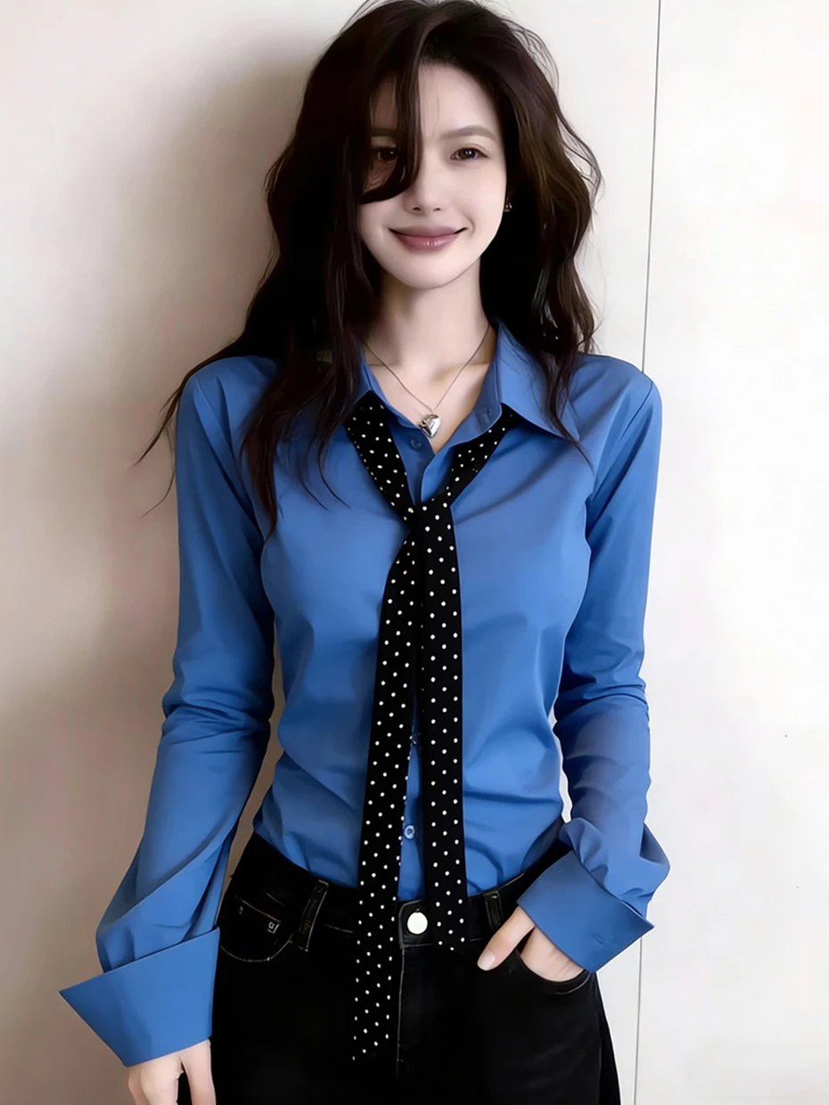 

Женская приталенная рубашка цвета синий Кляйн с плиссировкой на талии, в корейском стиле, с длинным рукавом, весенняя коллекция, оригинальный дизайн