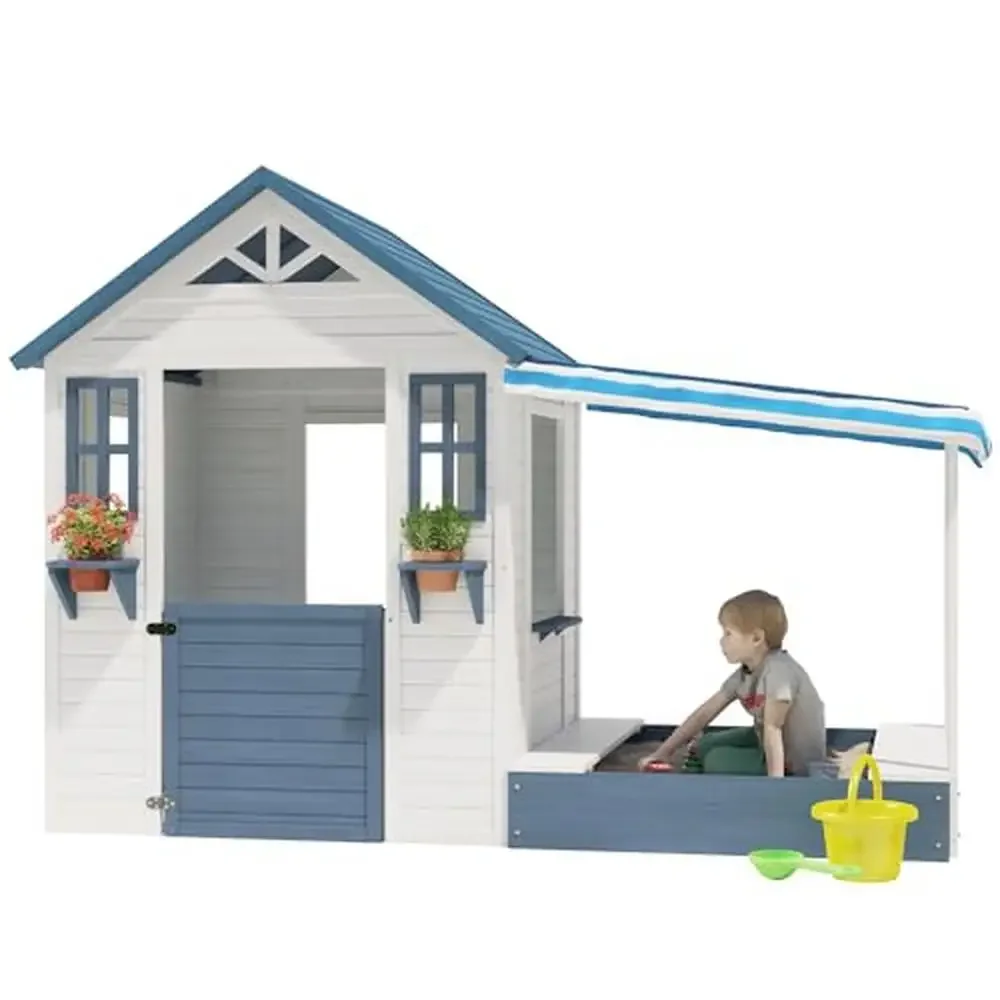 Wooden Kids Playhouse Sandbox Cottage Garden Ages 3-10 Blue/White Pretend Playhouse Outdoor Fun Sandbox Canopy Planters Smooth