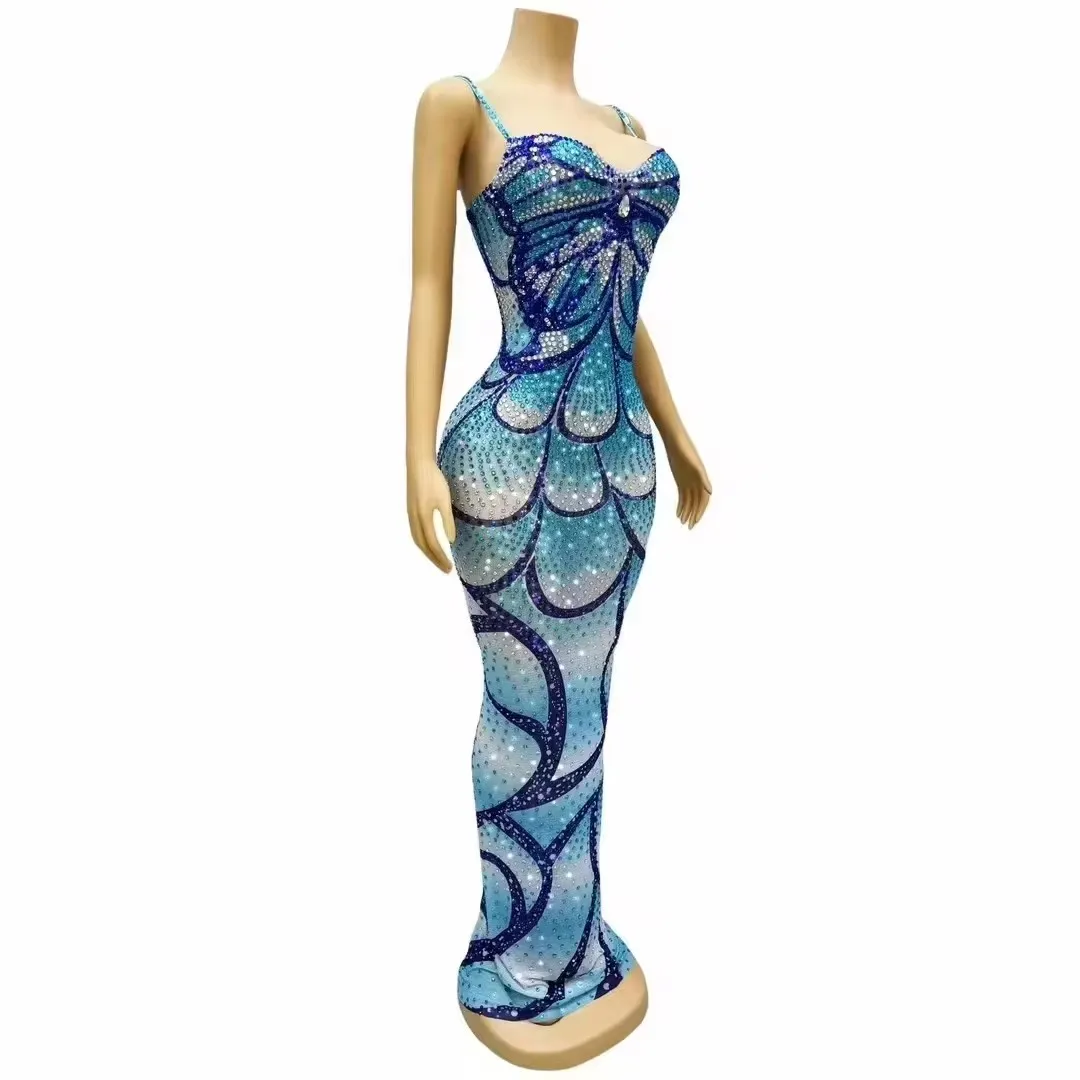 Luxury Women Long Dress Shiny Rhinestones Sling Elegant Elastic Tight Mesh Prom Evening Birthday Party Gowns Catwalk Costume