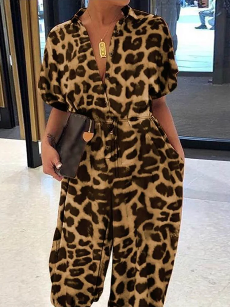 Leopard Printed Jumpsuit Women 2024 Summer New Short Sleeves Leace-up Pocket Casual Jumpsuits Fashion Vintage Ladies Bodysuits