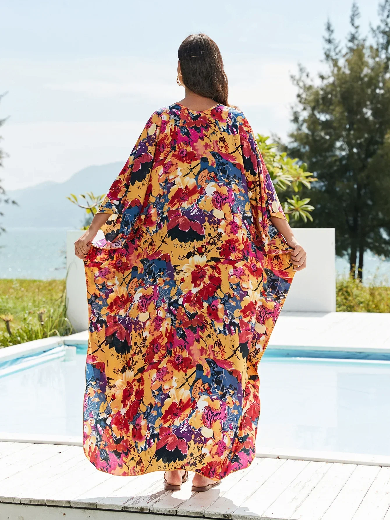 Beach Dresses Floral Printed Maxi Robe V Neck Tie Up Cover Ups for Swimwear Women Holiday Bathing Suits Factory Supply