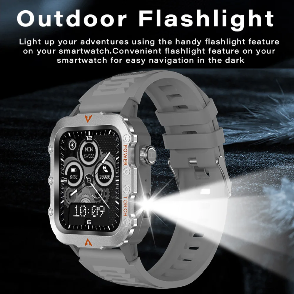 Linterna para exteriores, relojes inteligentes, resistente al agua, llamada de diente azul, reloj inteligente para hombres, monitoreo de ritmo cardíaco y salud, modos multilocomoción