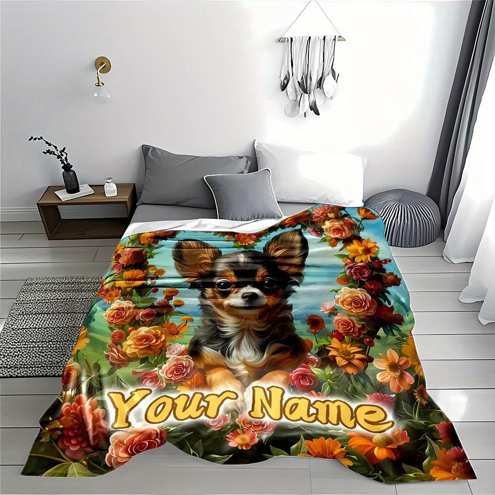 Personalized Pet Lover Chihuahua Dog Floral Wreath Throw Blanket Custom Name Gift Cozy Throw Home Decor Soft Plush Dog Mom Gift