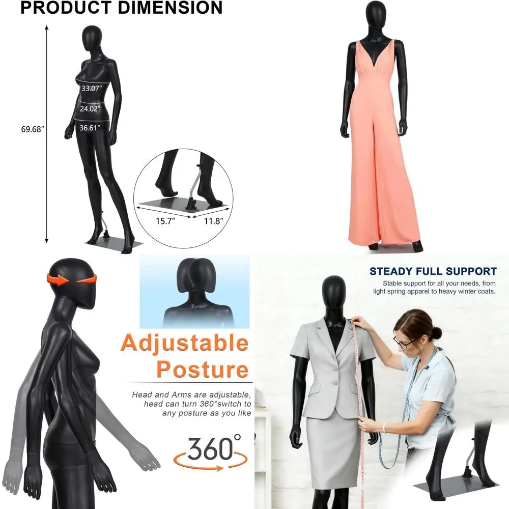 

Adjustable Stand Female Full Body Mannequin with Metal Base, Black
