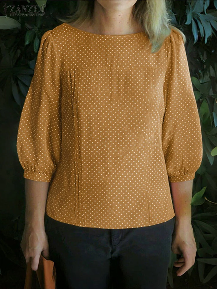 

Polka Dot Tops Women Vintage Blouses Summer Spring 3/4 Lantern Sleeve O Neck Blusas ZANZEA 2025 Oversized Casual Tunics