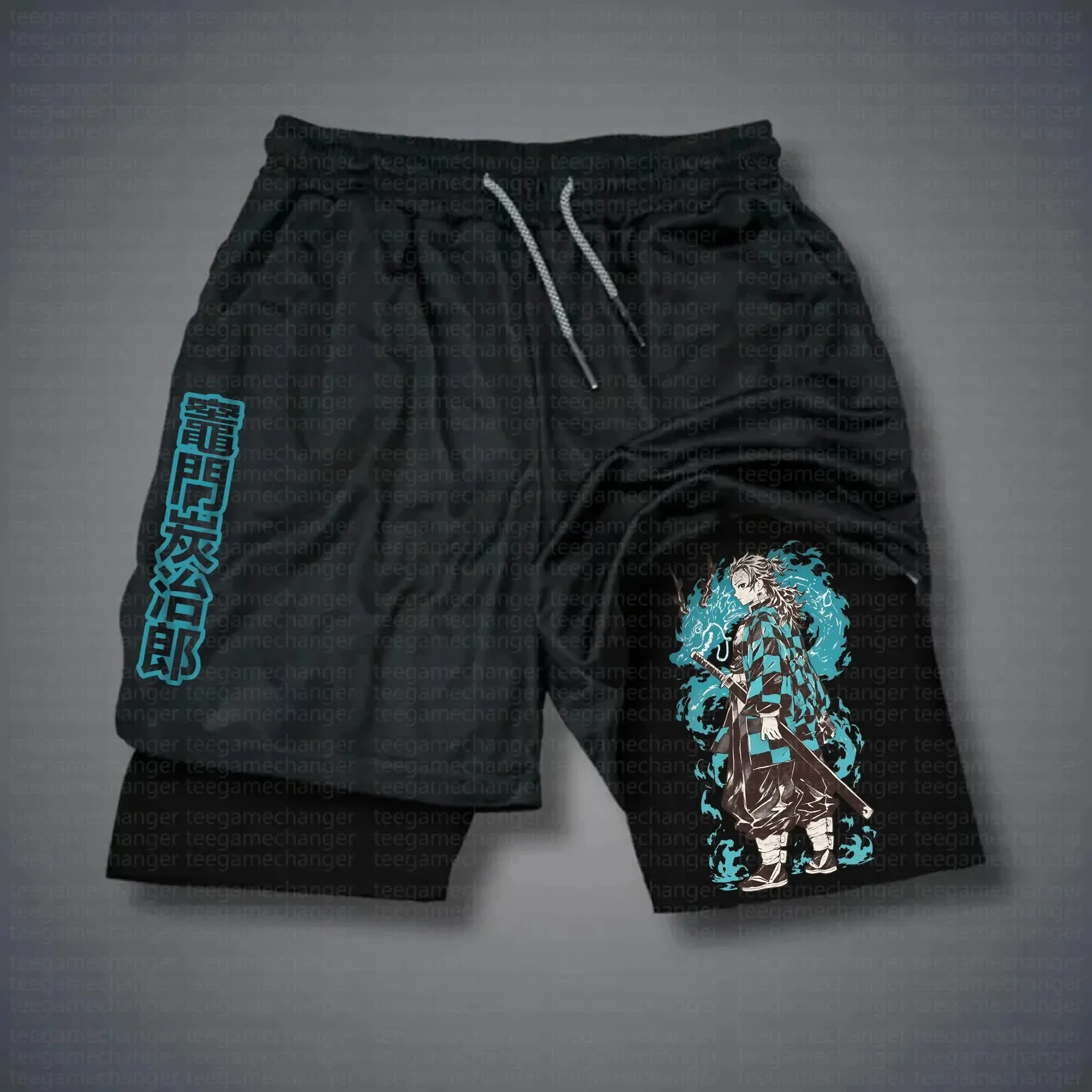 Demon Slayer Schwarze Trainingsshorts Rengoku Kyojuro Flame Pillar Print mit gelben Kanji-Text-Feuereffekten Anime-Grafik