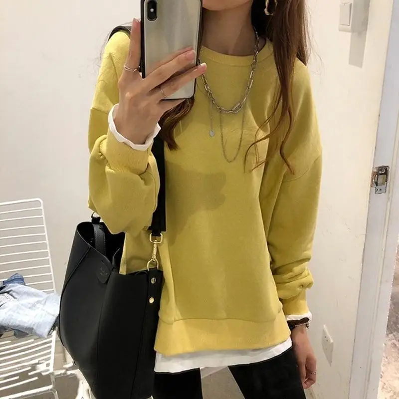 

Fashion O-Neck Spliced Loose Fake Two Pieces T-Shirt Female Clothing 2023 Autumn New Oversized Solid Color Tops Casual Tee Shirt