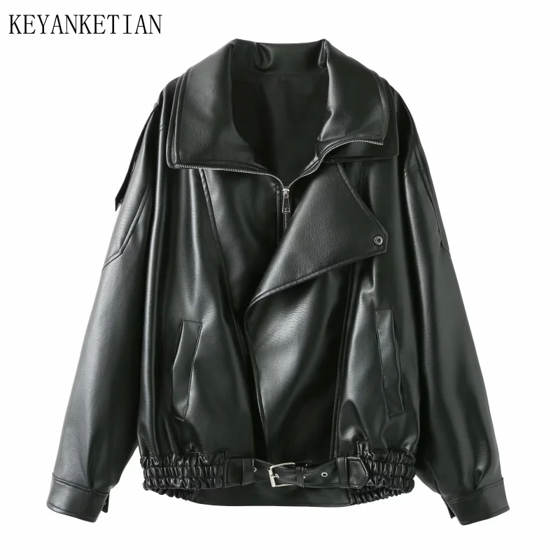 

KEYANKETIAN Autumn New Women's Clothing Big Lapel Windproof Irregular Front Placket Motorcycle Suit Leather Jacket Women Coat