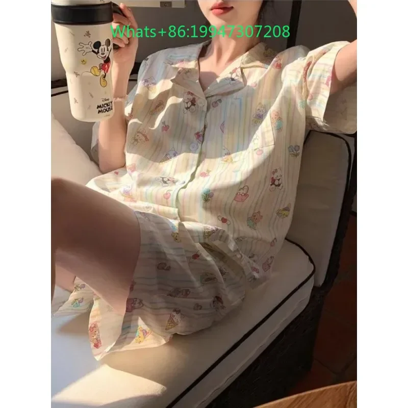 

Summer new color bar lapel cartoon HelloKitty pajamas women's short-sleeved shorts dormitory homewear two-piece set