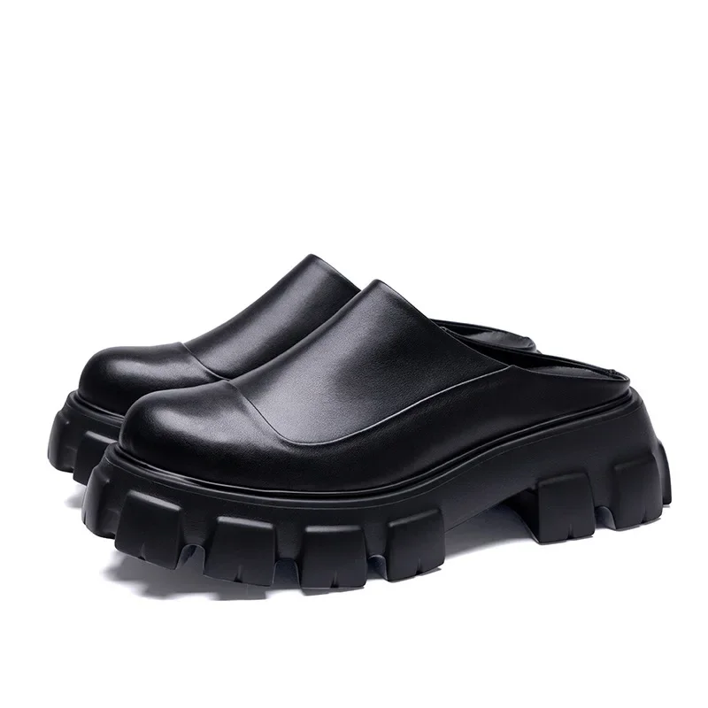 

Platform Mens Leather Half Slippers Luxury Genuine Leather 2026 New Style Handamde Summer Business Sandals Outdoor Shoes for Man