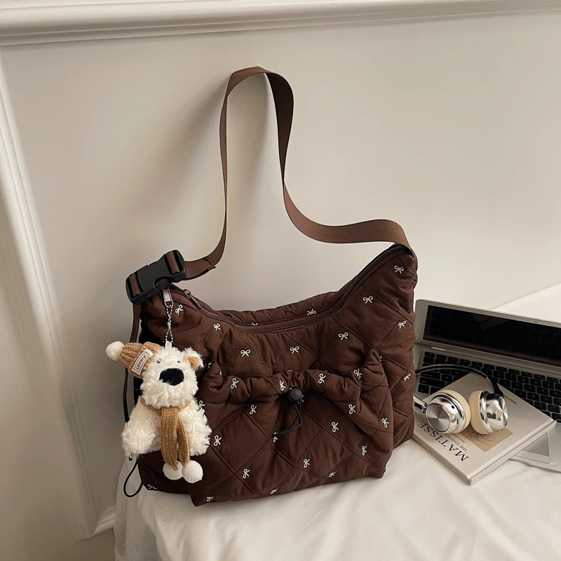 

Новинка зимы 2025 года, мягкая милая повседневная сумка-тоут Оксфорд с бантом на молнии, сумки большой вместимости, универсальные милые сумки на плечо для повседневных поездок на работу