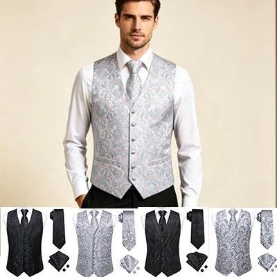 

4 Pieces Mens V Neck Vest Suit Waistcoat Tie Hanky Cufflinks Business Daily Formal Outfit