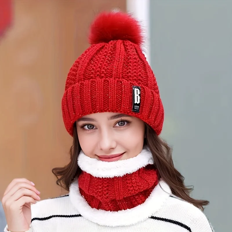 Women\'s Scarf Hat Winter Cycling Padded Warm Knitted Wool Hat Thickened Windproof Scarf Hat Warm and Cold Knitted Hat