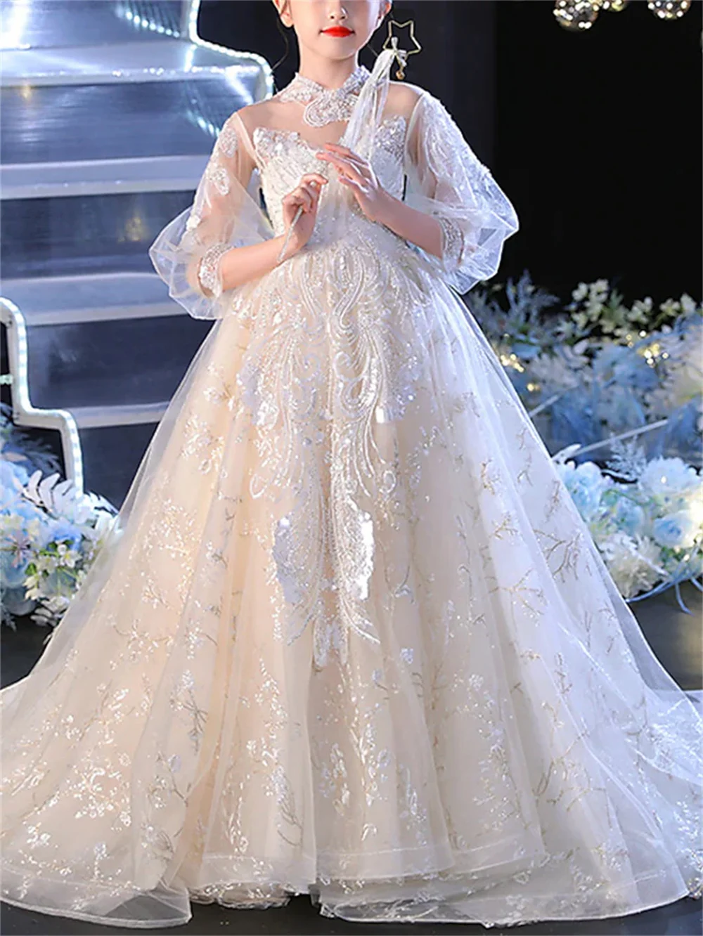 

A-Line Princess Floor Length Flower Girl Dresses Party Lace Tulle Half Sleeve Turtleneck Jewelry Necklace Pearl 3D Applique