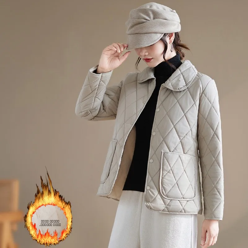 

Retro Diamond Patterned Fce Lined Casual Coat Women's plus Size Warm Stand Collar Top for Winter Faion Slimming ort St...