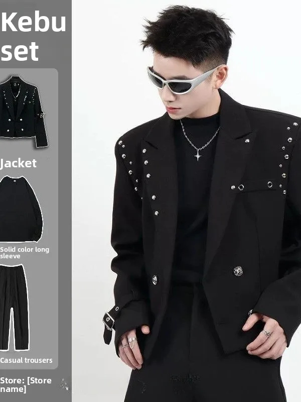 

Nail Head Design Men's Casual Suit Shoulder Pad Autumn Winter Short Style Double Buttoning Polyester Fiber Long Sleeve Long P...