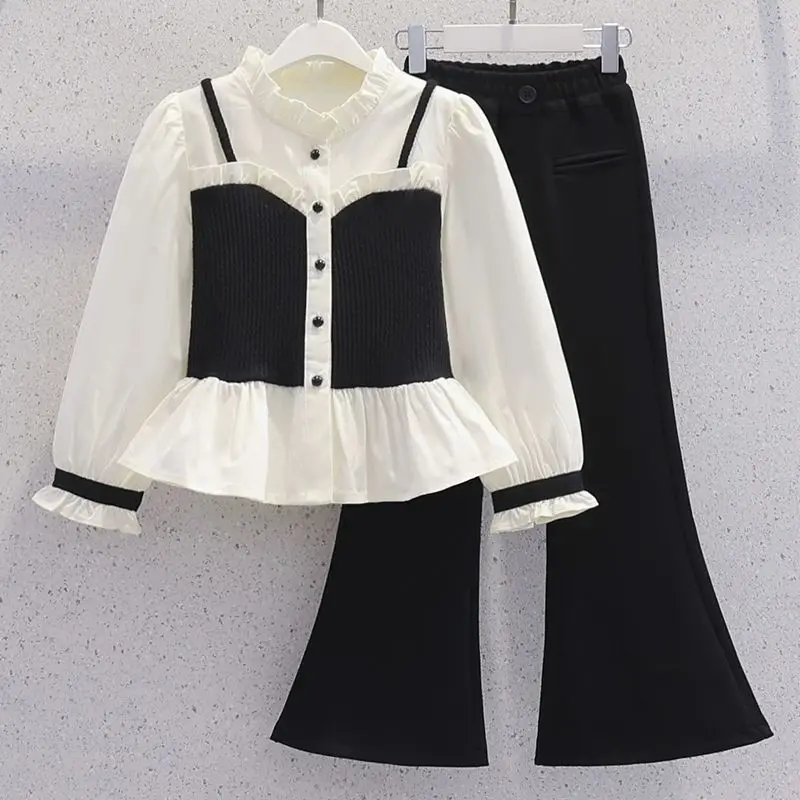 

Children's Clothing Sets Lace Fake Two Shirts + Bell Bottoms 2pcs Sets Kids Clothes Girls Kids Boutique Clothes