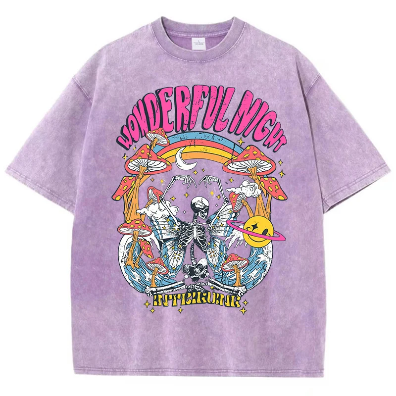 Women Casual Cotton Washed T-Shirt Wonderful Night Skeleton Butterfly Wave Printing Tops Fashion Oversize Street Female Clothing image 3