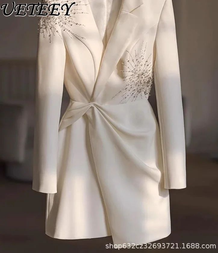 Weißes Heavy Industry Bead Suit Dress Damen Herbst und Winter Advanced Sense Foreign Light Luxury Elegante Pendlerkleider