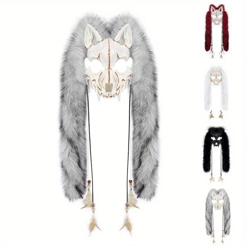 Máscara facial de piel sintética, Animal peludo, Lobo, zorro, hombre lobo, tocado vikingo, disfraz de guerrero, accesorio de Cosplay para fiestas de Halloween