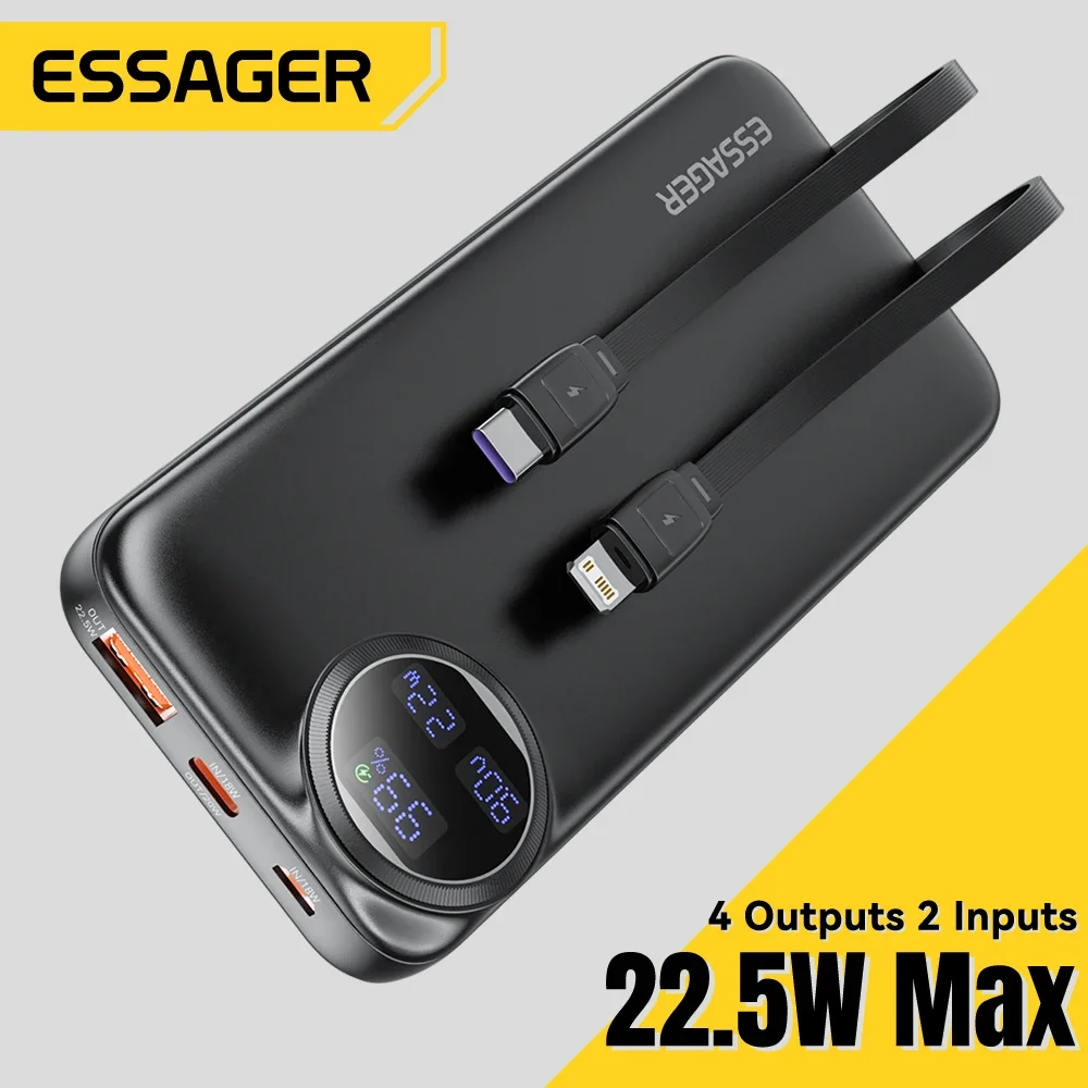 Essager – batterie externe Portable 20000mAh, avec câble intégré, affichage numérique, capacité de la batterie 22.5W, pour iPhone 15 14 13 pro