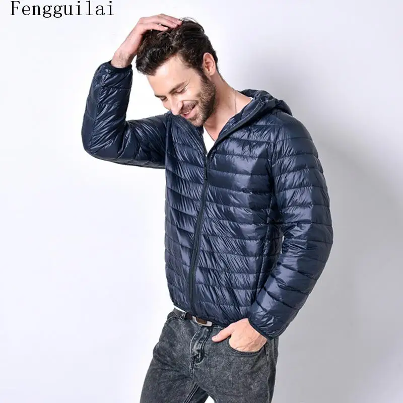 Packable Men Hooded Lightweight Puffer Coat Full Zip Thin Quilted Windproof Warm Jacket Casual Daily Outerwear