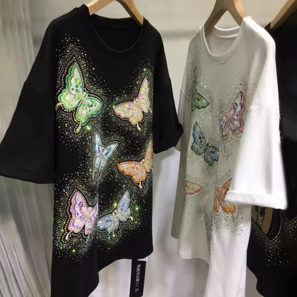 Embroidery Butterflies Tops Summer Fashion T-shirt Short Sleeve Casual For Women High Quality Pure Cotton Oversized T Shirts