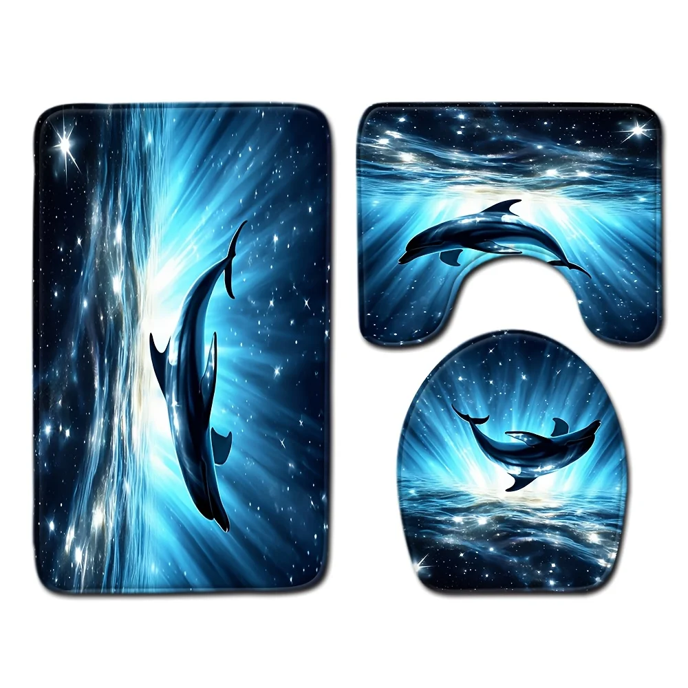 

3pcs Ocean Dolphin Mat Set Toilet Lid Bathroom Carpet Three-Piece Set Non-Slip Mat Decoration, Home Decoration, Nonslip Safety