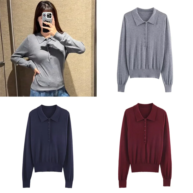 

Женский вязаный свитер-поло с лацканами, облегающий однобортный однобортный однобортный пуловер с длинными рукавами, простой новый топ ранней осени