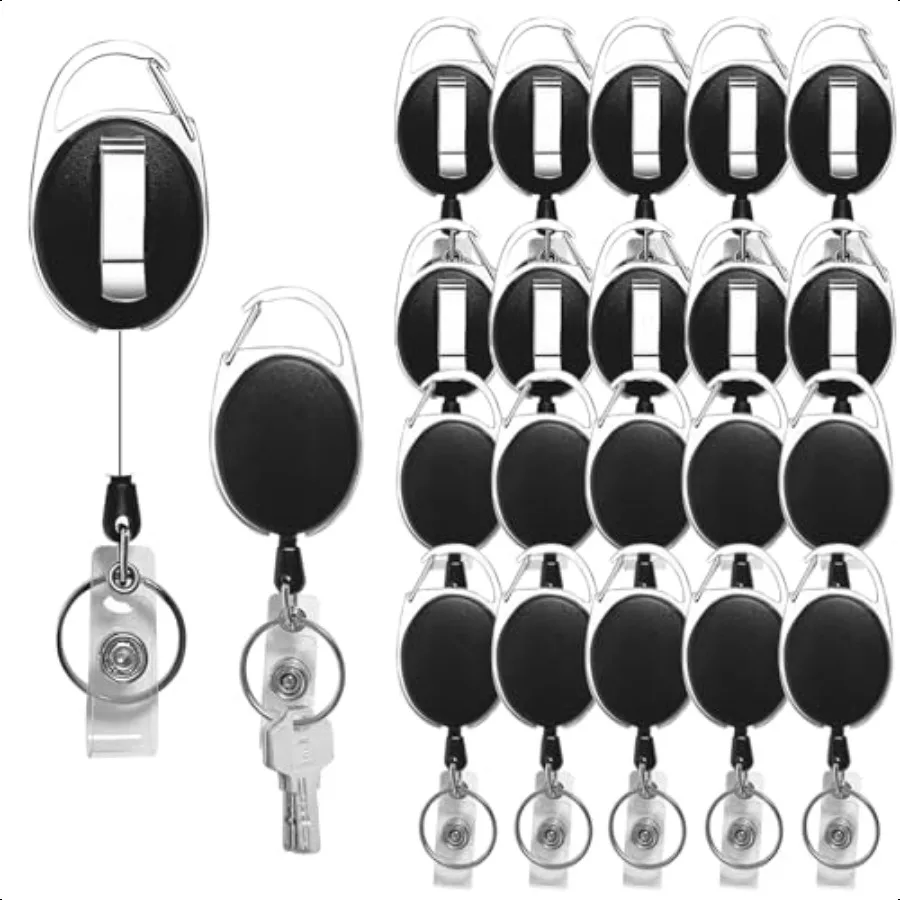 

20 Pack Retractable Badge Holder with Carabiner Reel Clip Badge Reel Bulk ID Card Key Holder with Ring Heavy Duty Black Key Cha