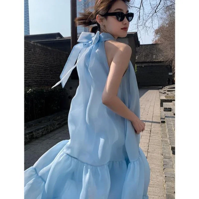 Französische elegante Damen-Sommermode 2025, neues ärmelloses, trägerloses, mit Schleife, blauer langer Rock, Kawaii-Weste-Abschlussballkleid