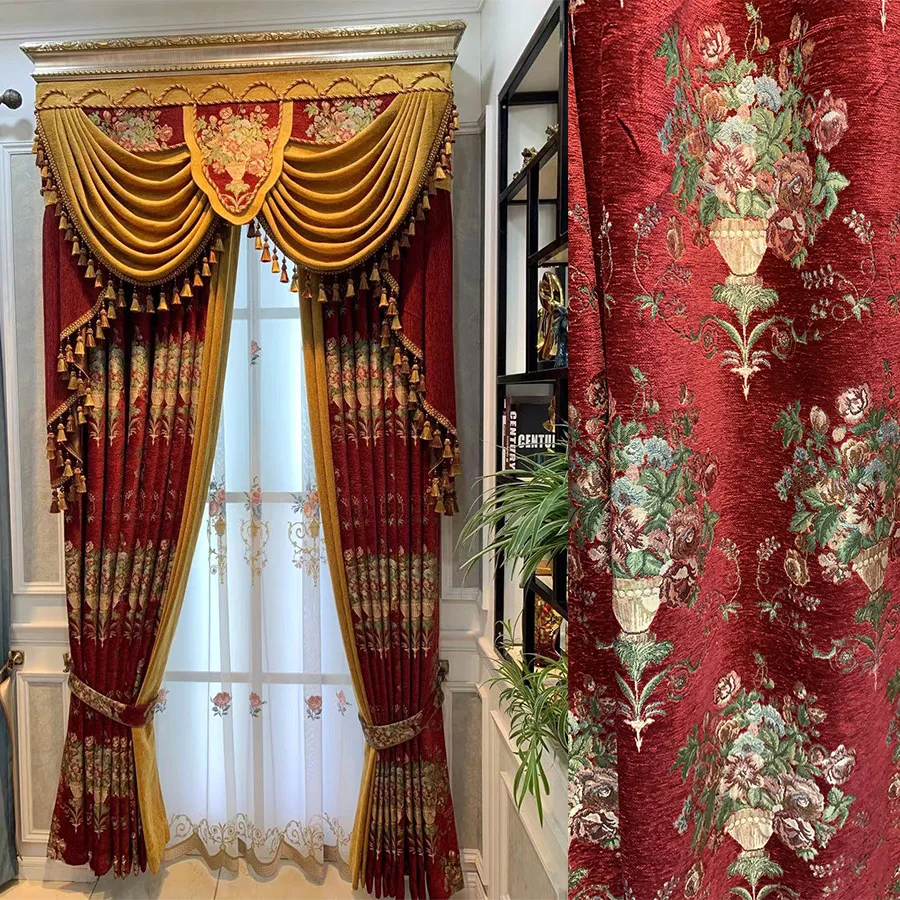 

European Chenille Thickened Blackout Luxury Elegant Red Jacquard Window Curtains for Living Dining Room Bedroom Villa Hotel Home