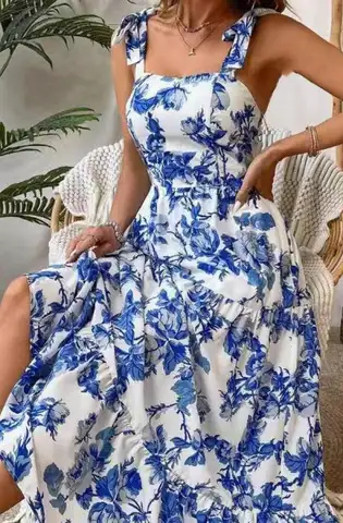 Women's Blue & Pink Floral Sleeveless Maxi Dress, Tiered Ruffle Hem, Boho Summer Vacation Wear