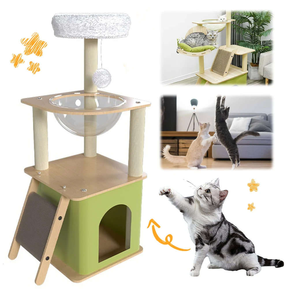 

Green Cat Tree with Cat Condos Cat Scratchers Space Capsule Multi-layer Cats Towers Cat Scratching Posts for Cat Grinding Paws