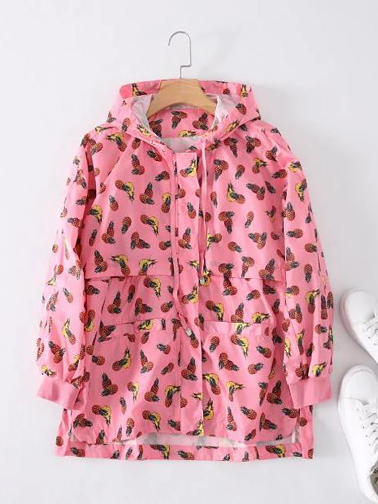 

Women's Hooded Fruit Print Windbreaker Soft Lightweight Zip Jacket Windproof Water-Resistant UV Protection Pink Outdoor Jacket